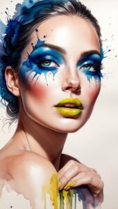 A captivating watercolor portrait artfully captures the enchanting beauty of a woman with mesmerizing features. Her eyes, dramatically accentuated by bold splashes of vivid blue, draw (3)
