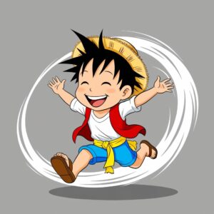 _A cartoon-style boy character with spiky black hair, a wide happy smile, and a straw hat. He is wearing an open red vest, blue shorts, a yellow sash around his waist, and sandals. The ch
