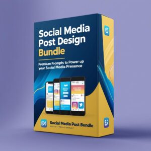 Create a 3D digital product box mockup with the title _SOCIAL MEDIA POST DESIGN BUNDLE_ and the tagline _Premium Prompts to Power Up Your Social Media Presence_. The product box shoul (3)